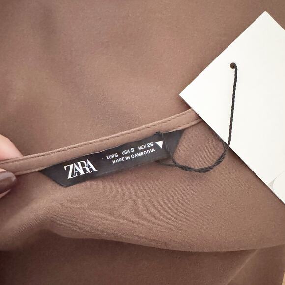 ZARA Satin Effect Tie Front Long Sleeve Blouse Top Brown Small S - Picture 8 of 9